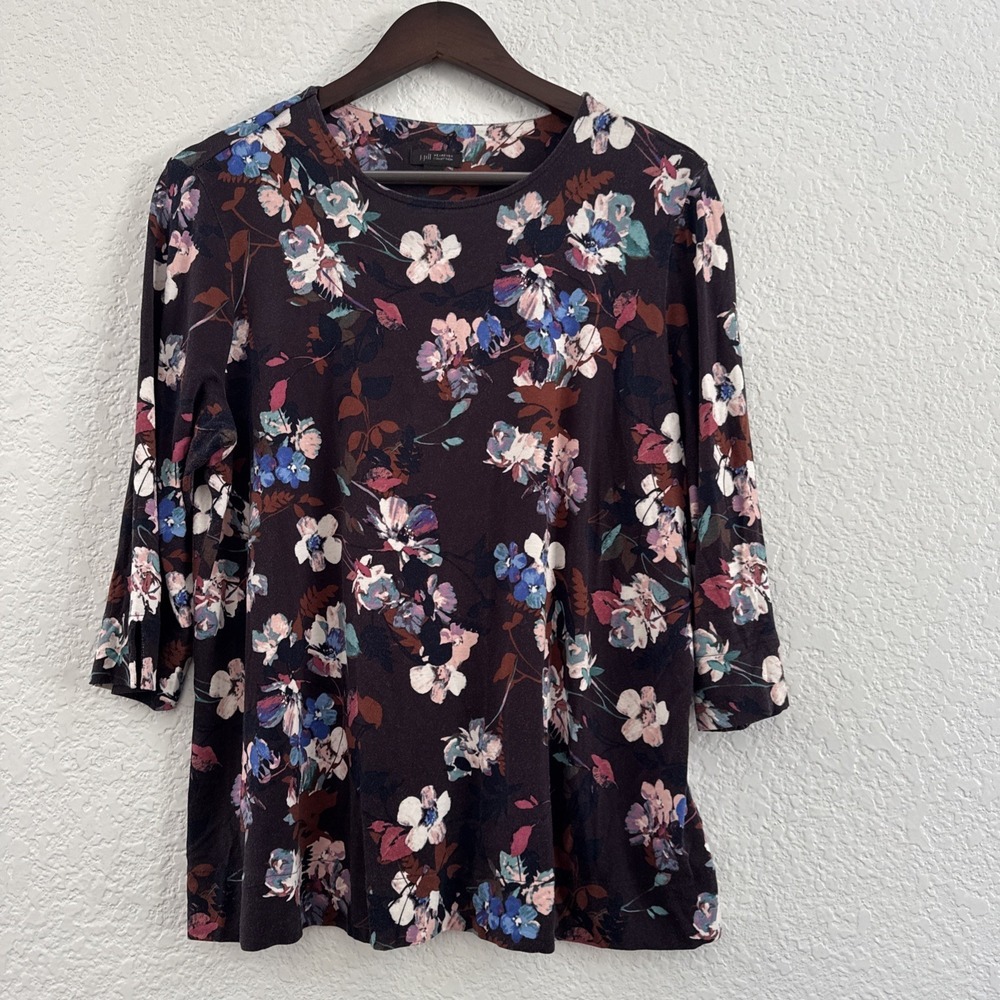 J. Jill Wearever Dark Brown Floral 3/4 Sleeve Boatneck Top Rayon Blend Size M
